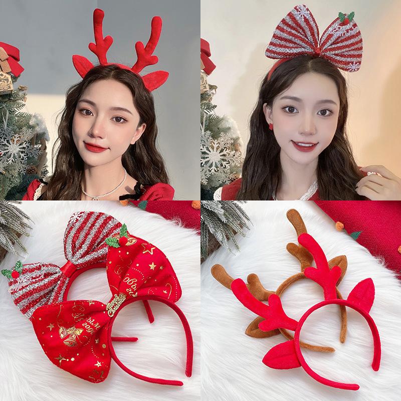 1PC Bow Headband 2025 New Christmas Hair Accessories Santa Claus Tree For Xmas Gifts Deer Horn Cute Hair Bands Party Supplies