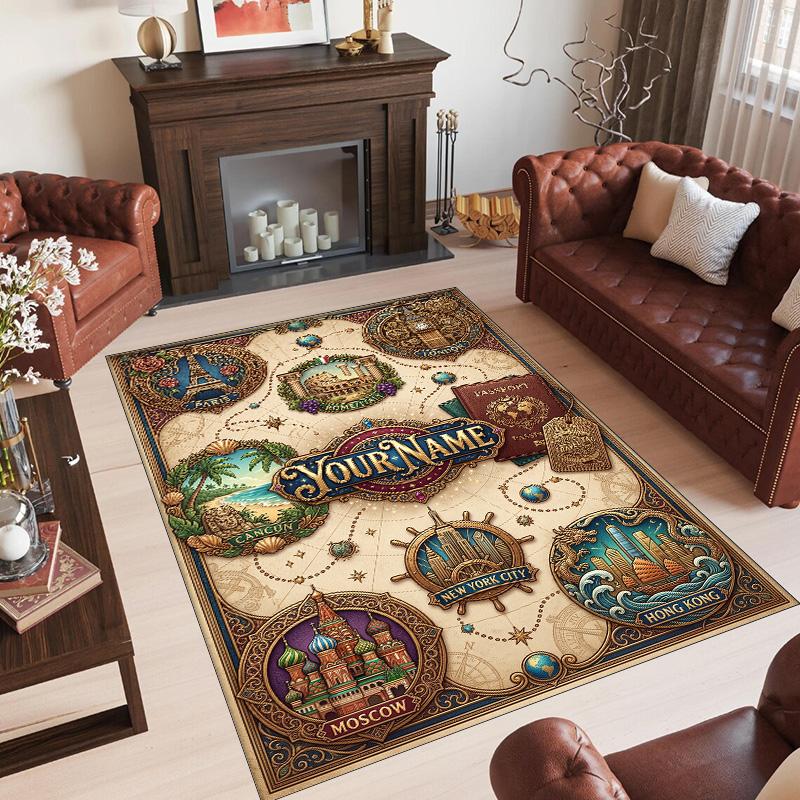 Adventure Travel Theme Crystal Velvet Rug Personalized Custom Name Text Soft Floor Mat Home Decor