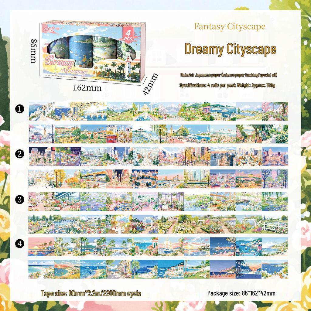 ZABC Landscape Series Adhesive Tape Set: DIY Journal Decoration, 2 Styles, 4 Rolls Included.