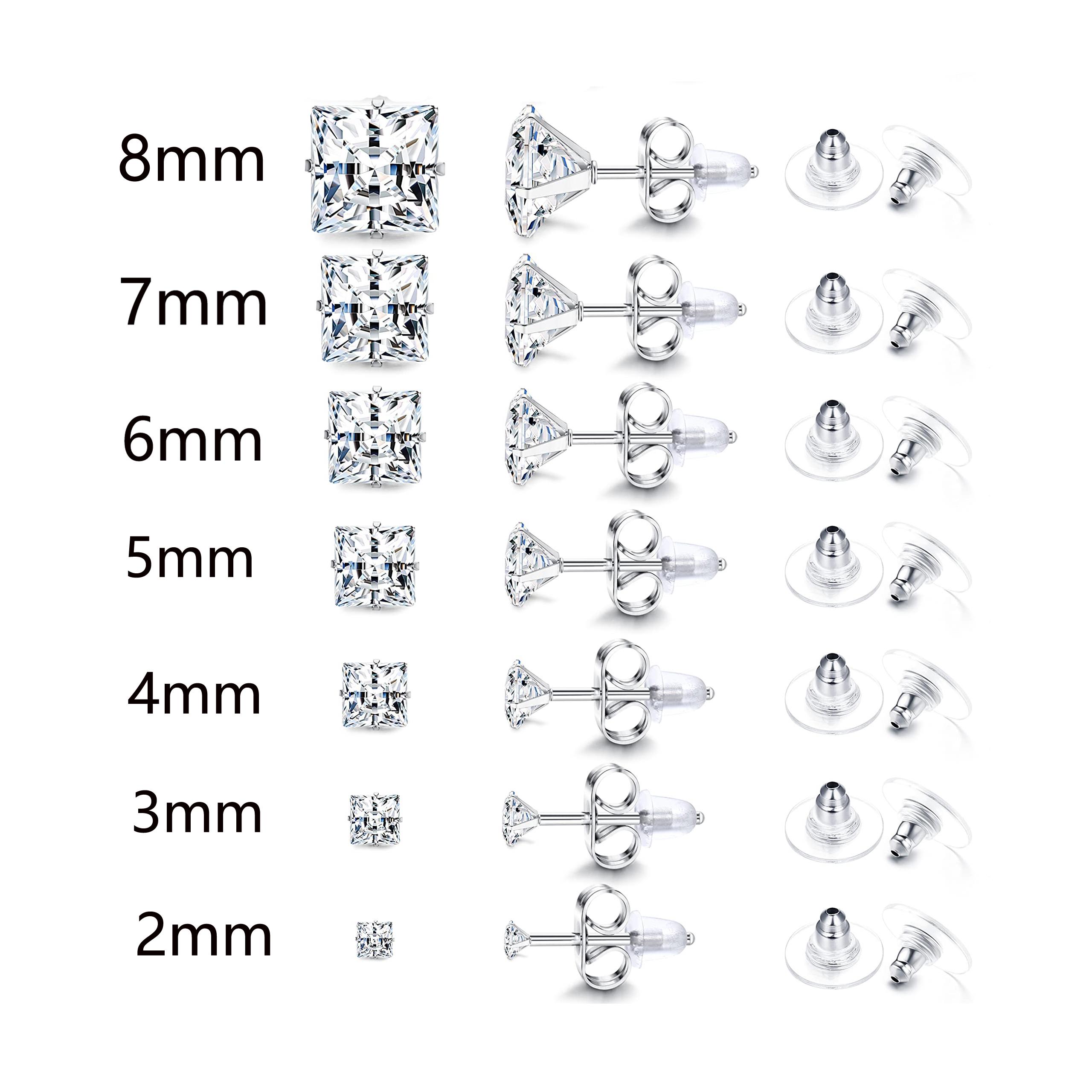 

1pair 316L Stainless Steel 2-8MM Round/Square Crystal Cubic Zirconia Stud Earrings Set for Women Men Cartilage Helix Ear Jewelry 3mm