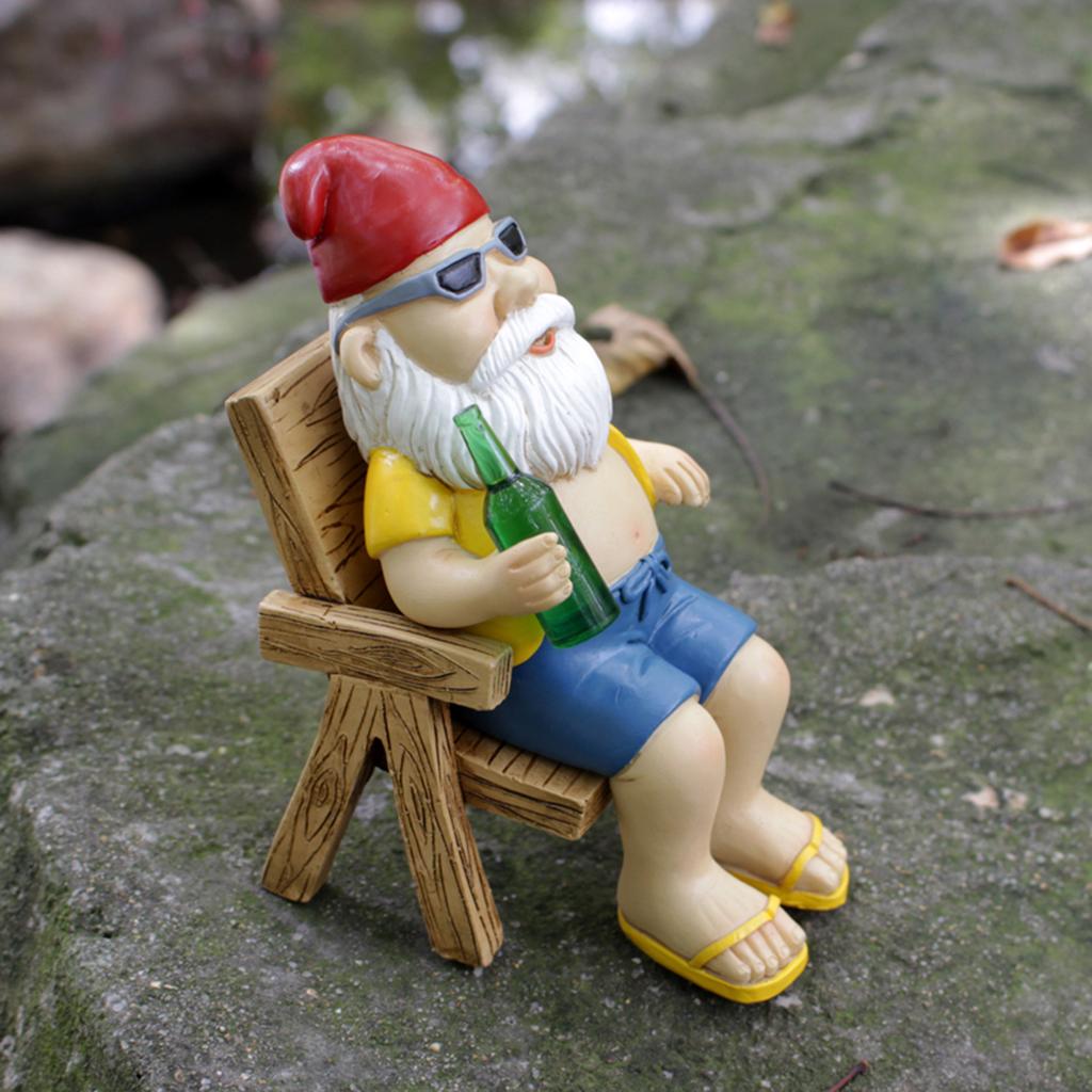 1Set Cute Sunbathing  Gnome Garden Statue,Dwarves Drinking on Lounge Chairs,Garden Art Creative Statue Decor For Scene Decor, Ro