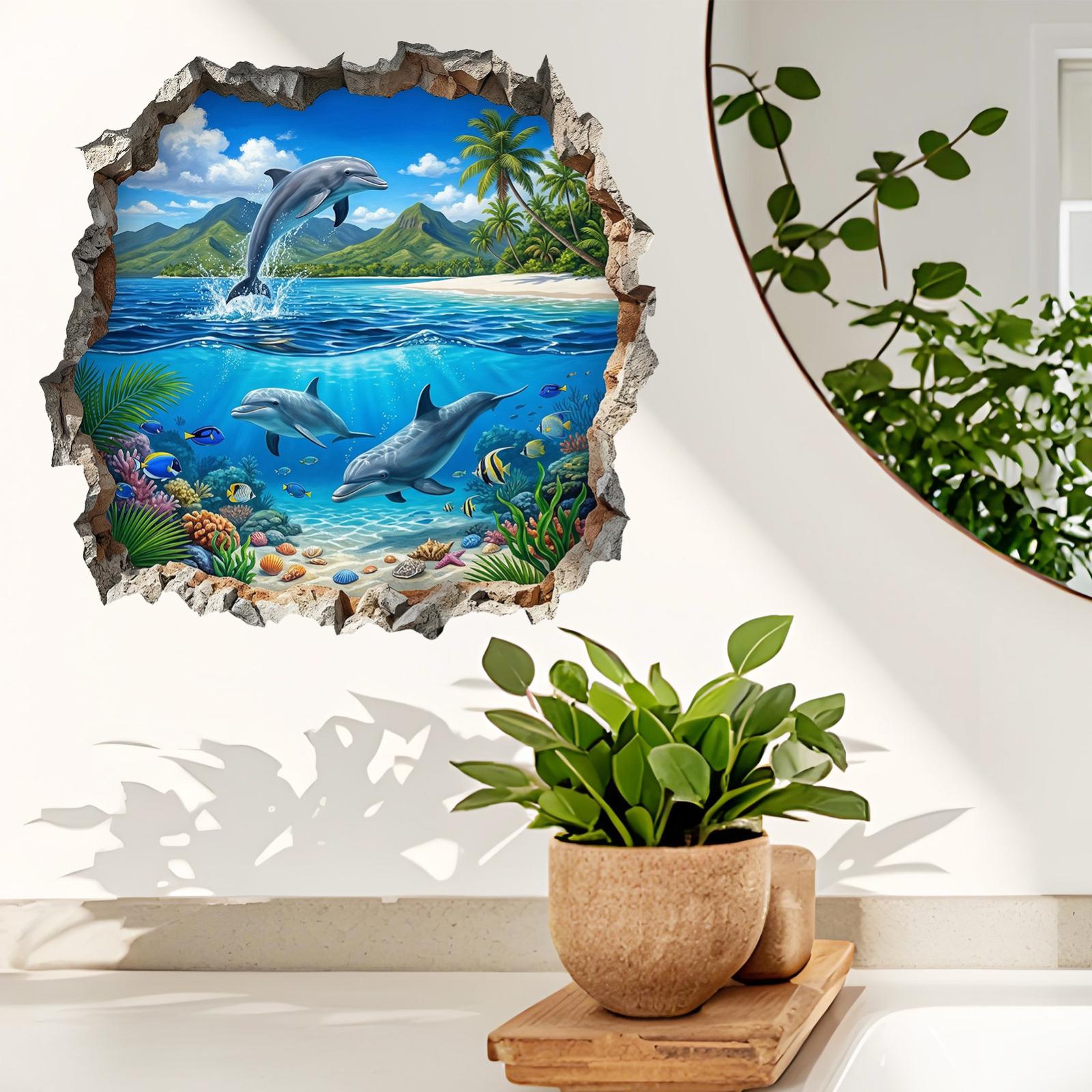 Сломанная стена Подводный мир Дельфин Гостиная Ванная Туалет Настенное украшение Наклейка на стену One Size