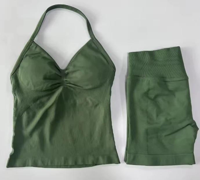 JYL Seamless Backless Two Piece Set Padded Halter Top Fitness Shorts