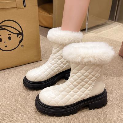 Female Shoes Platform Chunky Ladies Snow Boots Round Toe Mid Calf Half High Waterproof Chic and Elegant Pu On Promotion Slip 39