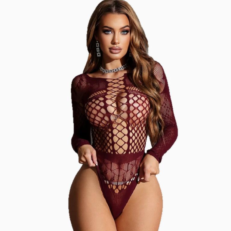 Sexy Breathable Nylon Mesh One-Piece Bodycon Underwear Jumpsuit for Women with Open Back and Hollow Out