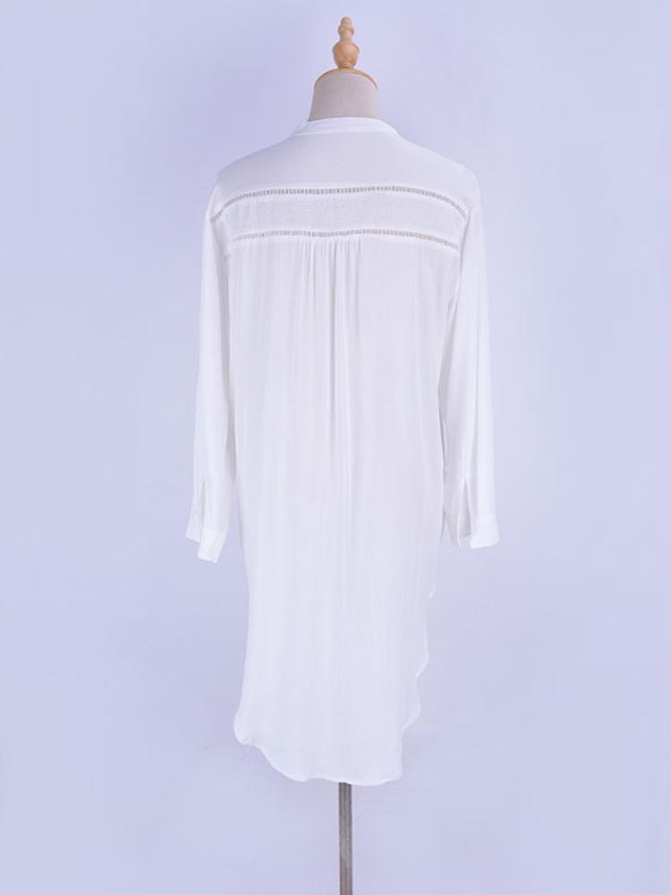Beach Shirts Women Bikini Cover Up White Asymmetric Lace Cut Out Elegant Cotton Tunic Button Summer Bathing Suits