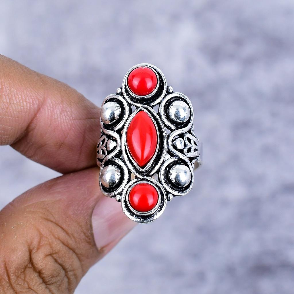 Red Coral Gemstone Handmade 925 Sterling Silver Jewelry Ring Size 10 M-2680