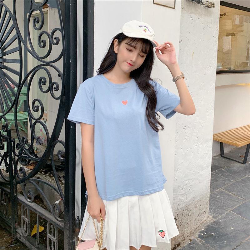 

Футболка с короткими рукавами и вышивкой в форме сердца для женщин. Летняя новая свободная женская базовая рубашка. Верх для женщин. One size синий