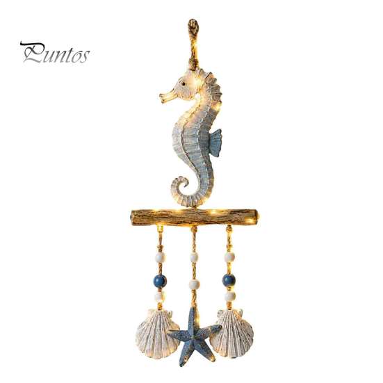 Decorazione da Appendere per Portico Costiero, Ornamento da Parete in Legno Illuminato, Cartello Nautico con Pesce, Conchiglia, Stella Marina e Ornamenti, Luci LED Calde, Casa al Mare per
