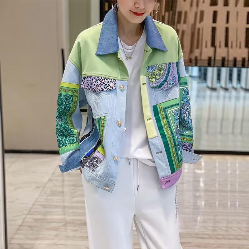 Autumn Woman Chic Oversized Denim Jacket Hit Color Print Patchwork Designer Jean Outerwear Lapel Collar Long Sleeve Loose Streetwear Style Cowboy Coat