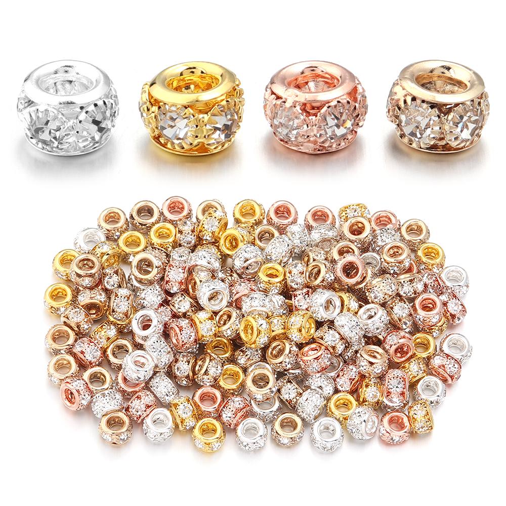 10pcs/lot Brass Rhinestone Metal Spacer Beads Big Hole Crystal Loose Beads For Jewelry Making DIY Necklace Bracelet Accessories