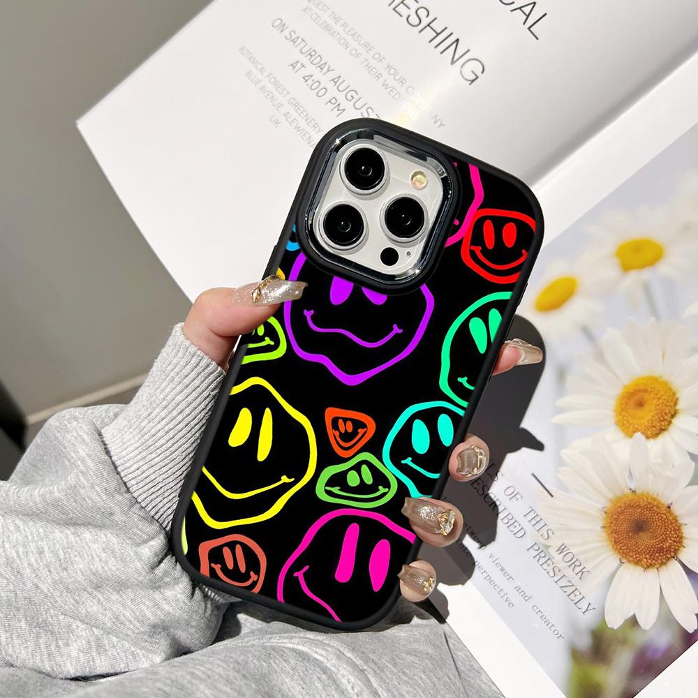 Ae88 Lovely Smiley Art Phone Cases for Samsung A13 A32 A53 A04e A54 S23 S24 Ultra Infinix Hot 40i Huawei P30 Pro Metal Camera Protective Back Cover