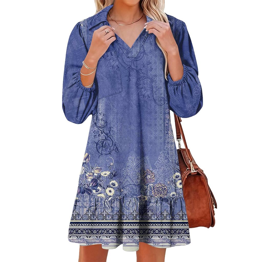 Women's Fashion Elegant Autmn And Winter Long Sleeve V,Neck Christmas Print Dress