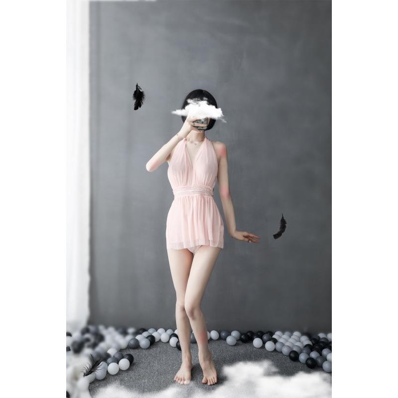 European-American Deep V Backless Mesh Halter Nightdress