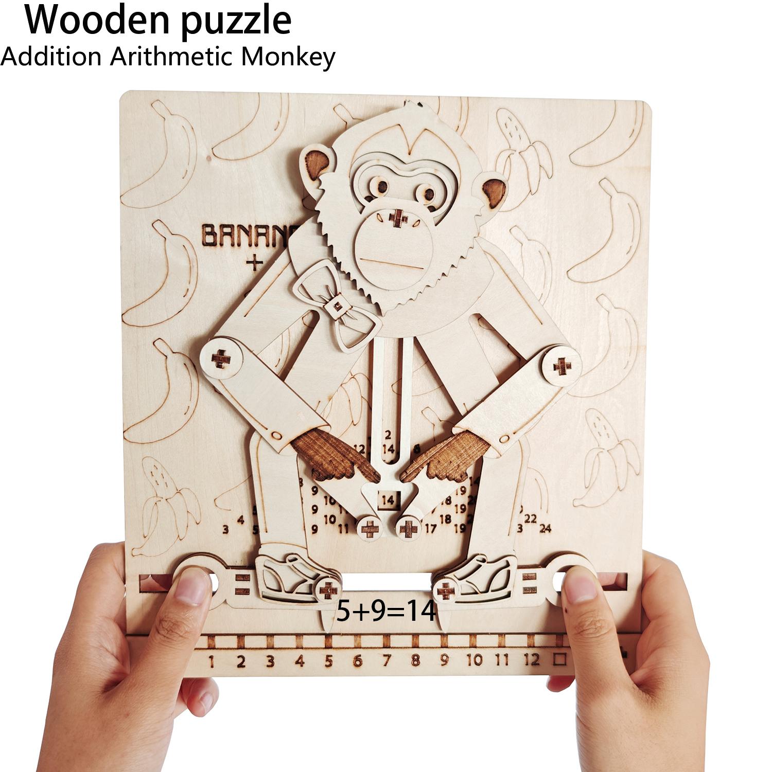 3D Wooden Puzzle Bestseller Arithmetic Addition Monkey Wooden Mechanical Transmission Model DIY Movable Assembly Gift