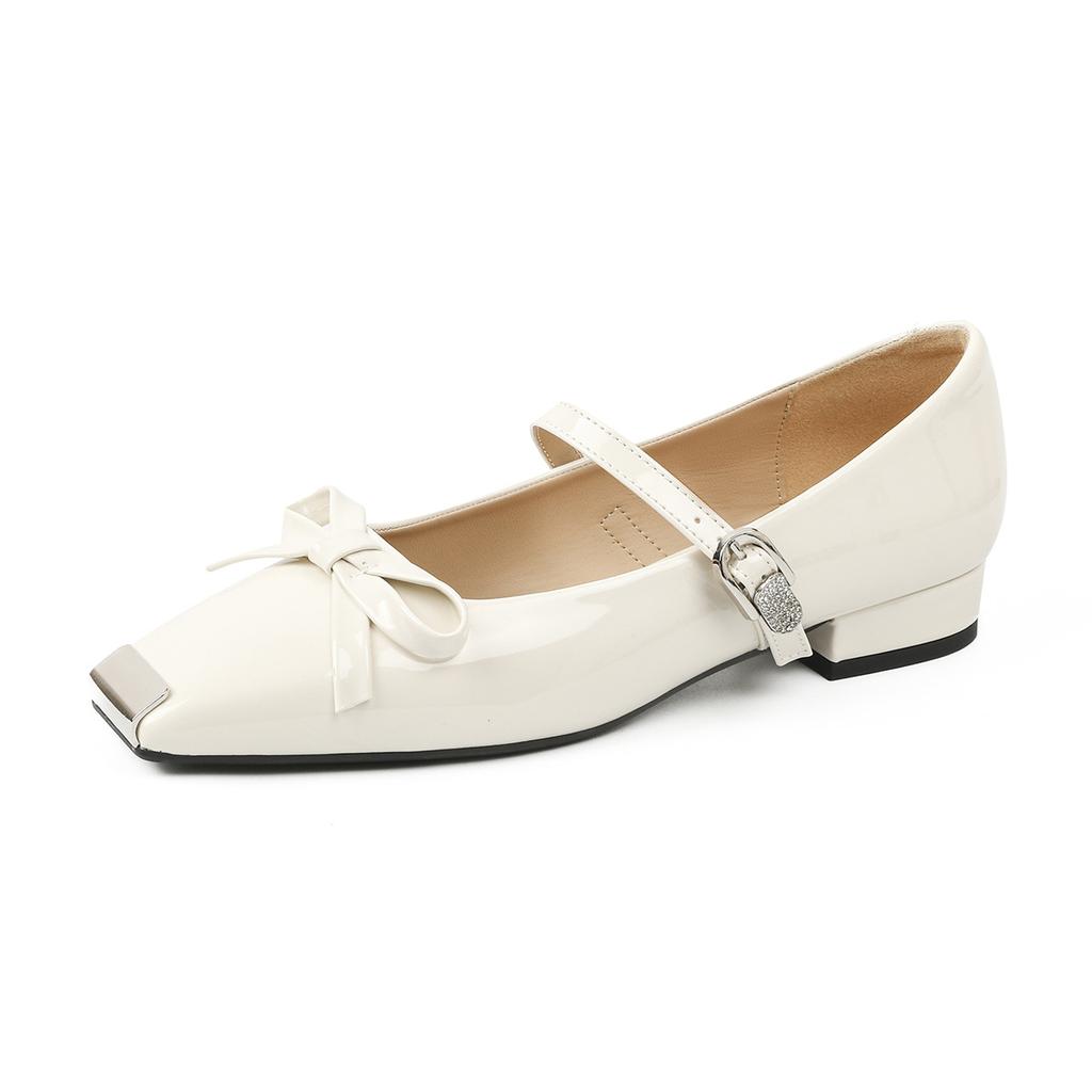 New Light Mouth Low Heel Flat Shoes Women's Small Fragrant Wind Patent Leather Iron Head White Bow Mary Jane Single Shoes Women's Thick Heel