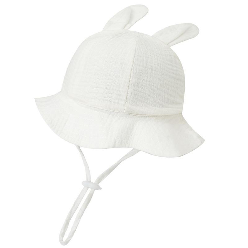 New Baby Gauze Basin Hat Baby Pleated Printed Bucket Hat Rabbit Ear Sun Hat 3-12M
