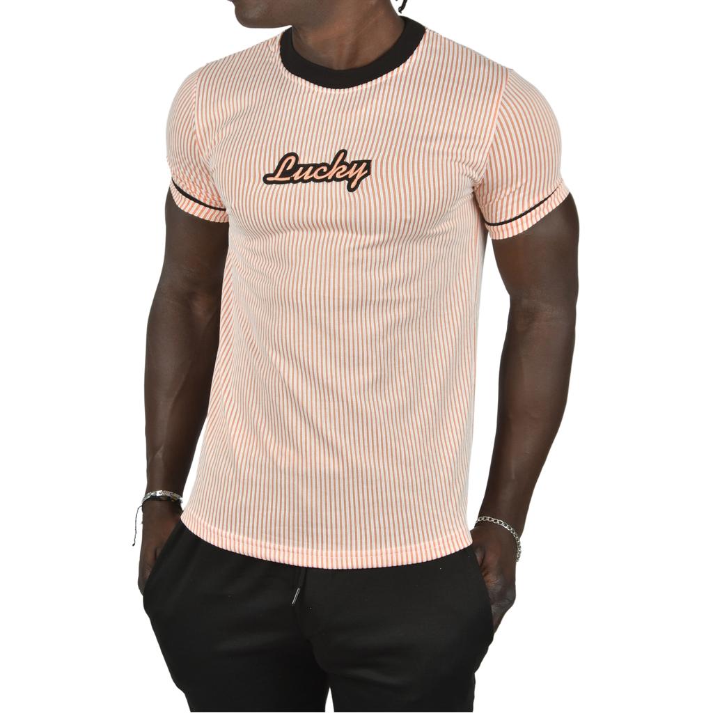 DeepSEA Slim Fit Lycra Striped Collar and Striped Sleeves Lucky Text T-Shirt 2403201