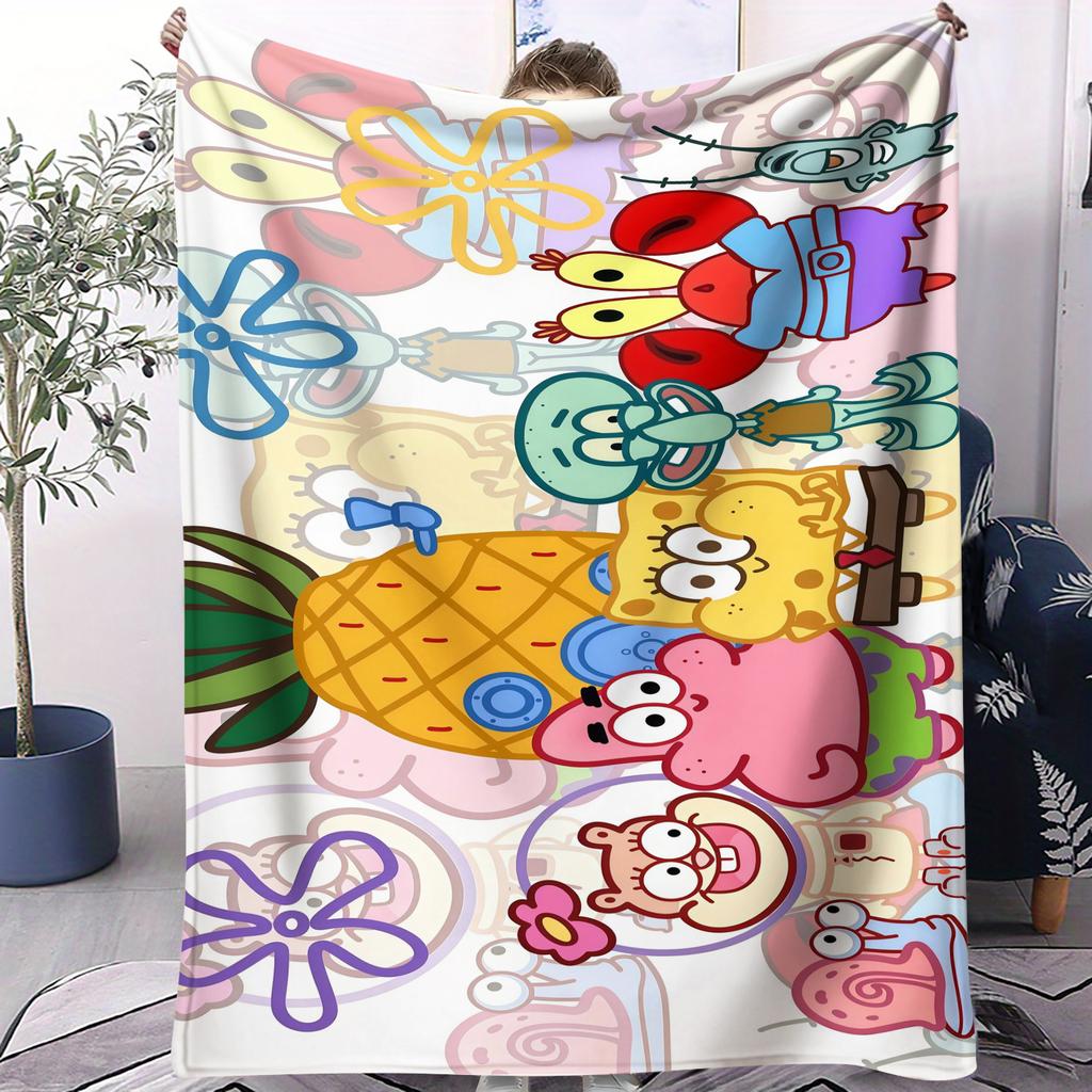 Multiple Cute SpongeBob Cartoon Print Pattern Flannel Blanket Soft Multifunctional Decortive Universal Throw Blanket Gift