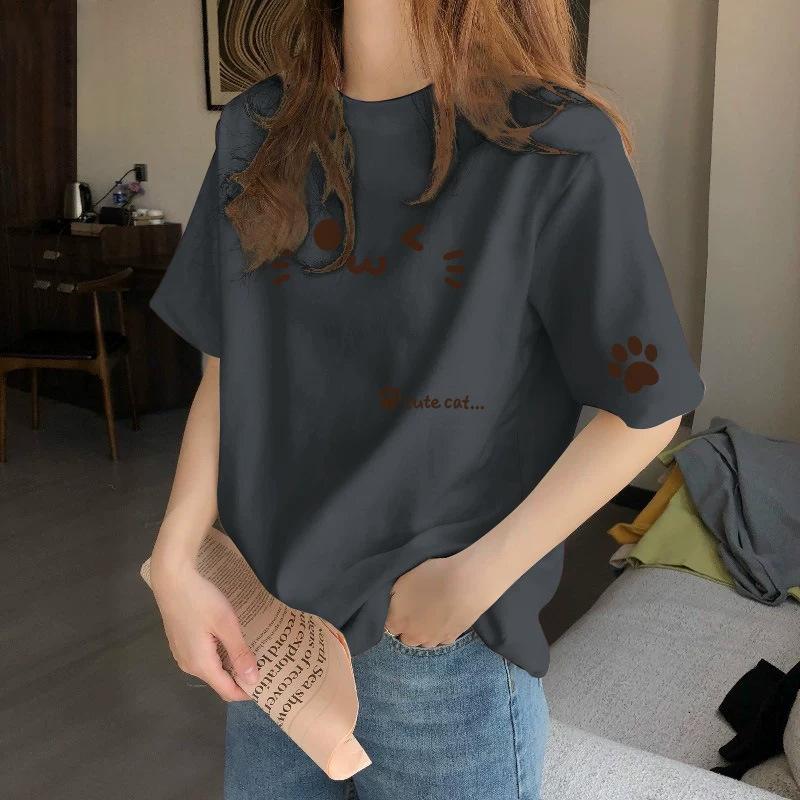 Women's Round Neck Short Sleeve Graphic Top Loose Fit Casual T Shirt 2026 Spring Pure Cotton Mid Length Pullover with Cute Cat Face Paw Print Pattern