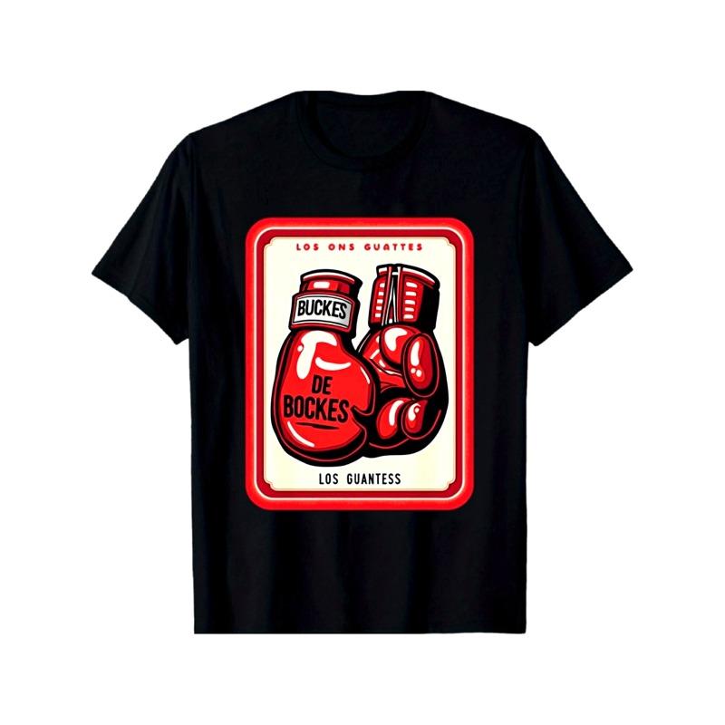 European sizes Men s Retro Boxing Glove Print T-Shirt- Black Casual Streetwear with Boxing Glove Pattern S чёрный