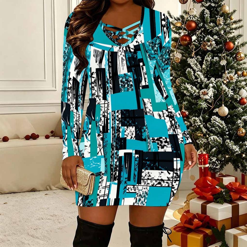 Women Plus Size Long Sleeve V Neck Crisscross Hollow Bodycon Mini Party Club Wear