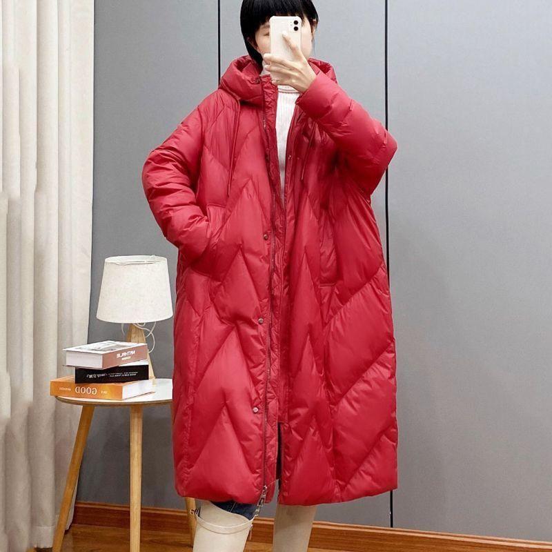 Women Loose Long Coat White Duck Down Jacket Women Winter Female Overcoat Winter Hooded Puffer Feather Parkas
