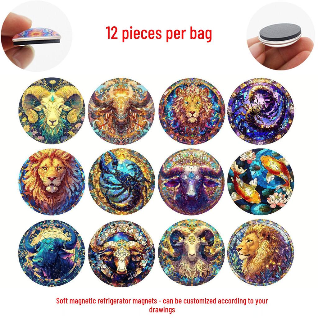 Colorful Gradient Zodiac Glass Magnets: Lion, Pisces, Aries & More - Soft Magnetic Refrigerator Stickers (12 Constellations)