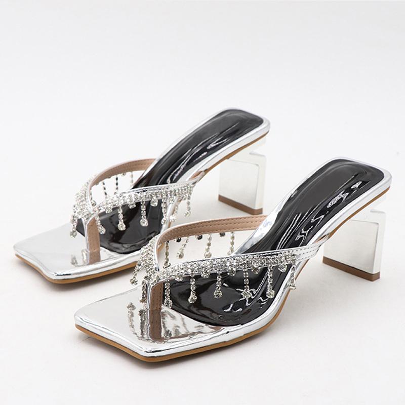 Liyke New Brand Strange High Heels Flip Flops Women Slippers Fashion Crystal Fringe V-Strap Sandals Shoes Mules Sliders