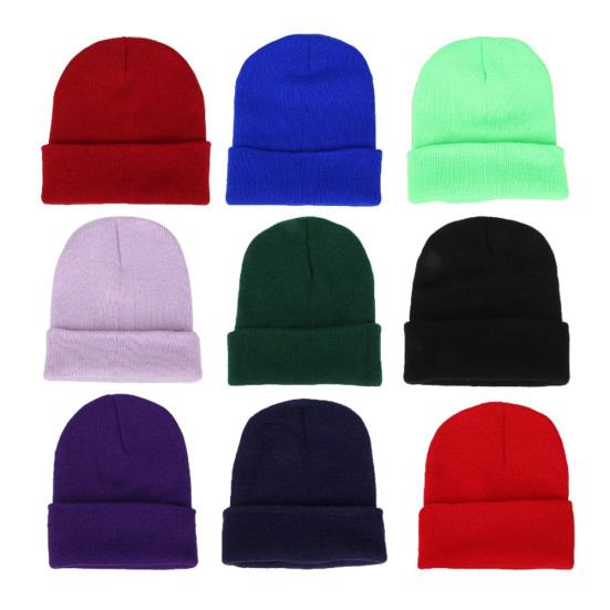 Men Women Solid Color Warm Woolen Knitted Cap Fluorescent Cuffed Beanie Hat