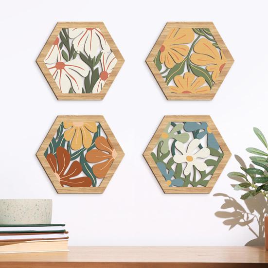 4 Pcs Flowers Wooden Wall Art Decor Hexagon Hollow Out Boho Flower Wall Sculpture Bohemian Farmhouse Hanging Sign for Bedroom Living Room