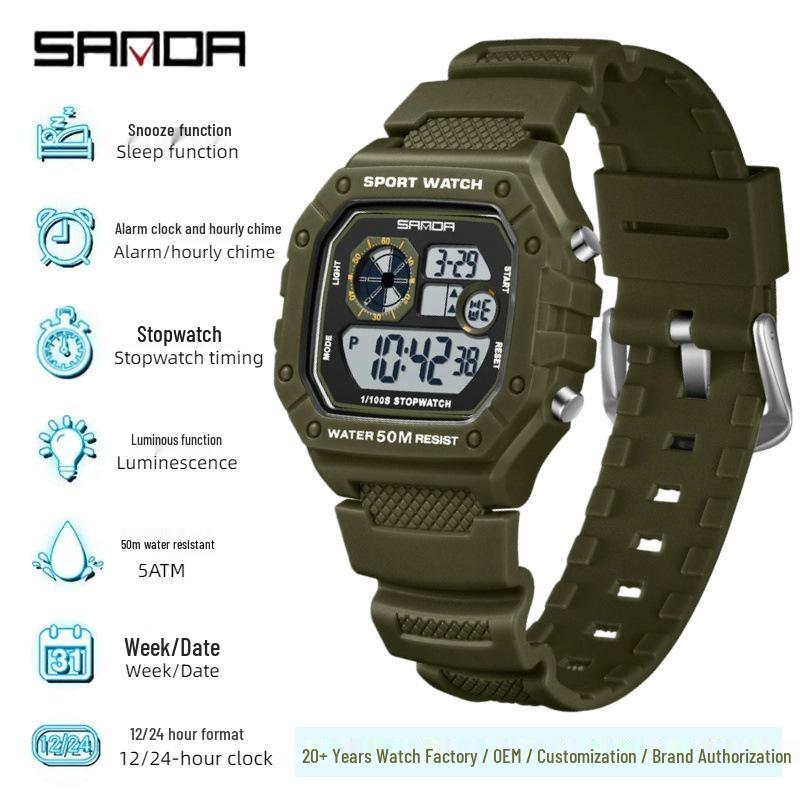Sanda Multifunktionale Leuchtende Wasserdichte Unisex Quadratische Elektronische Uhr