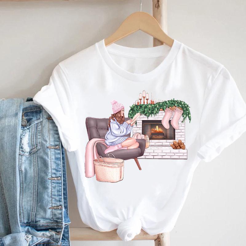 Cartoon Rudolph Reindeer Snowflake Print T Shirt Women Merry Christmas Holiday Short Sleeve Top
