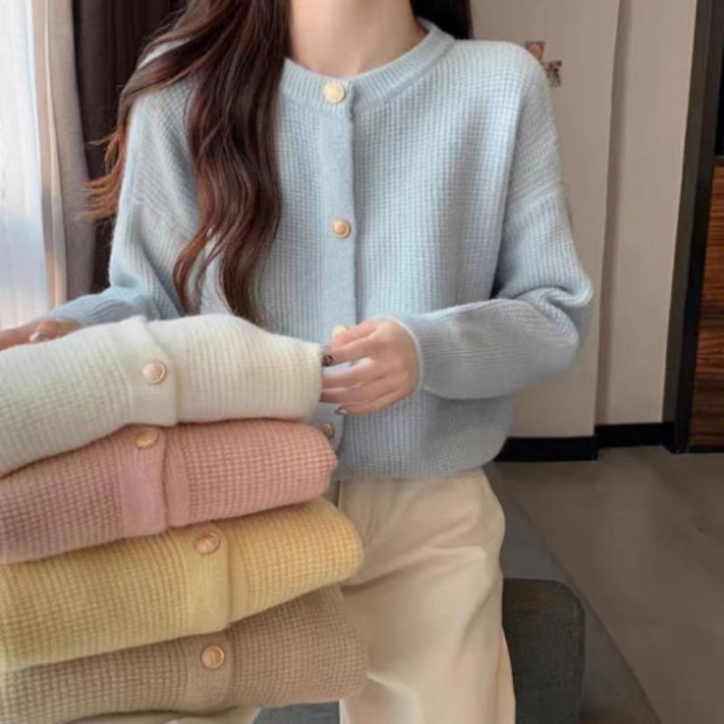 

Темпераментный вязаный кардиган женский осенне-зимний новый однотонный простой модный универсальный свитер-жакет average size светло-синий