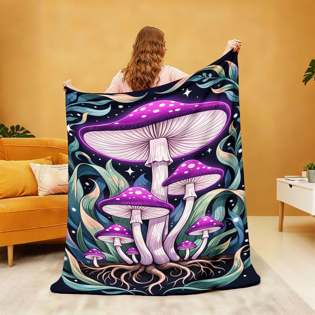 1Pc Colorful Mysterious Mushroom Printed Flannel Blanket Multiple Size Soft Casual Cover Blanket Gift Blanket, Machine Washable