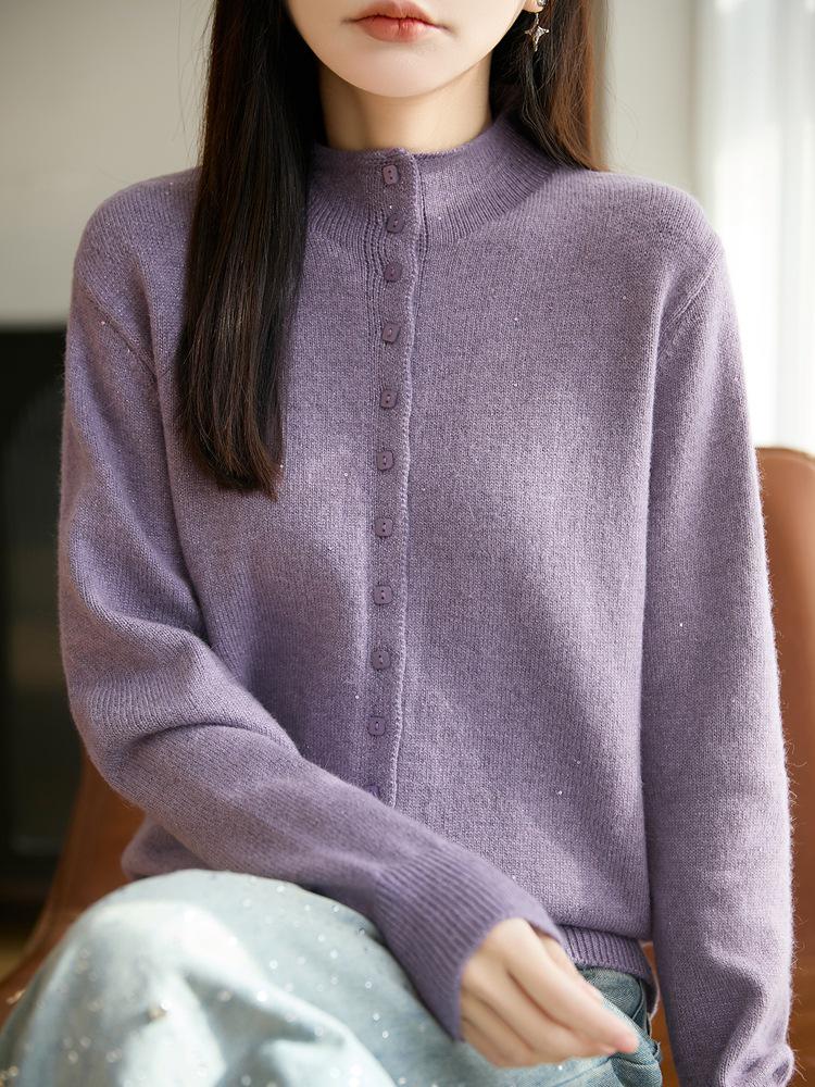 Women's Stand Collar Knit Cardigan with Sequin Yarn and Buttons - Long Sleeve, Versatile, Casual Loose-Fit Sweater Top