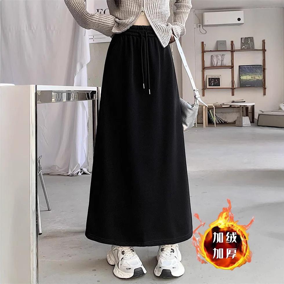 Gerader Fleecegefütterter Rock Damen Herbst Winter Hohe Taille A-Linie Bleistift Midi Schlitz Bodycon