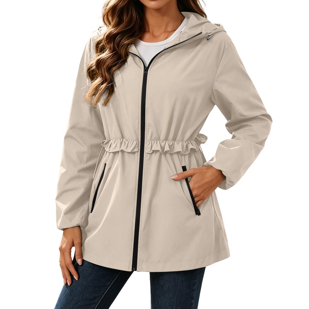 Wasserdichte Regenjacke für Damen mit Kapuze, Windjacke, Leichte, Wasserabweisende Jacke mit Taschen, Verstellbare Taille für Outdoor-Aktivitäten