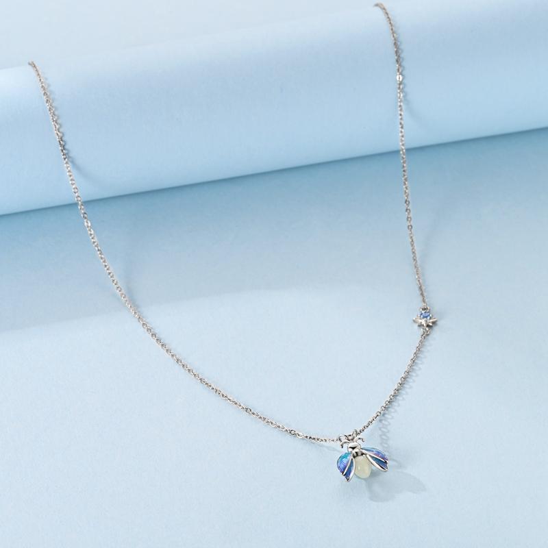 Angel's Wings Feather Necklace 925 Silver Original Blue Eyes Long Chain Link For Mom Women Wedding Party Jewelry Gift