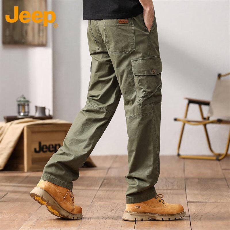 JEEP Men's Cargo Pants, Spring And Autumn Casual Trousers, Loose-Fitting Pure Cotton Straight-Leg Pants for Men, Army Green, Size L