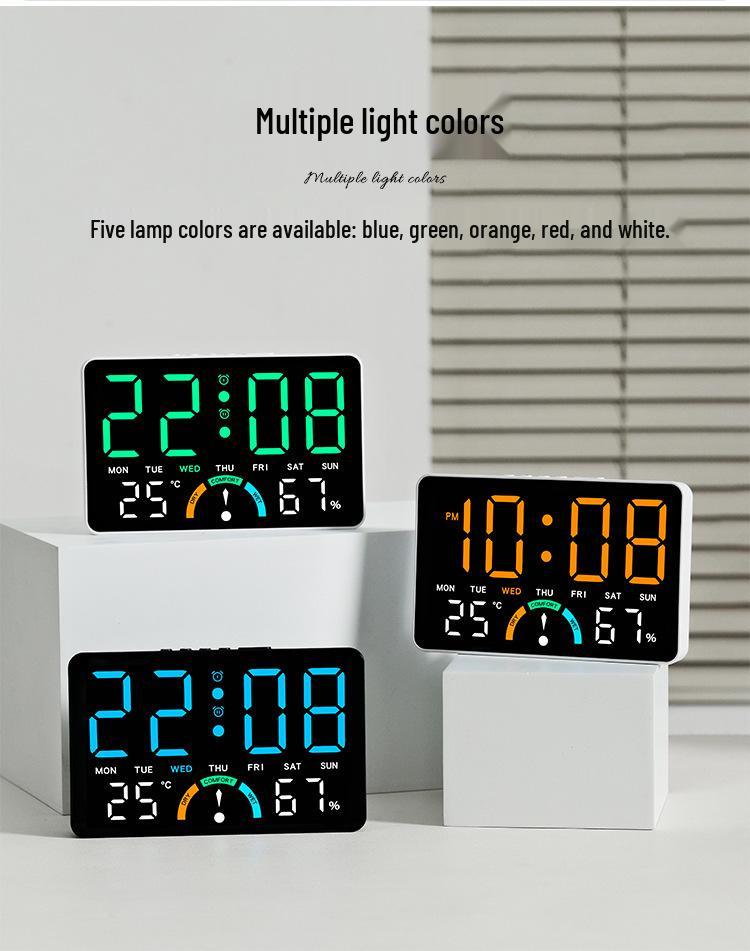 GH9007 Multifunctional LED Clock: Large Screen, Wall-Mountable & Tabletop, with Temperature, Humidity, and Alarm Features.