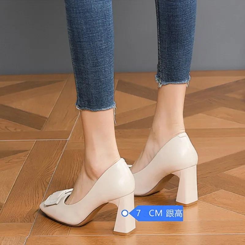 Fashion Single Shoe Woman 2025 Summer New Thick Heeled Korean Square Toe Shallow Mouth Metal Buckle Fashion Trend High Heels Women Shoes