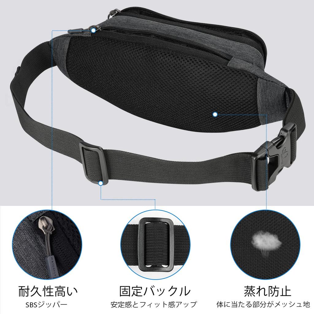 WATERFLY Waist Waist Bag for Men and with Extension Multiple Comfortable Earphone for and Gray Pouch, Women, Belt, Water-Repellent, Lightweight,