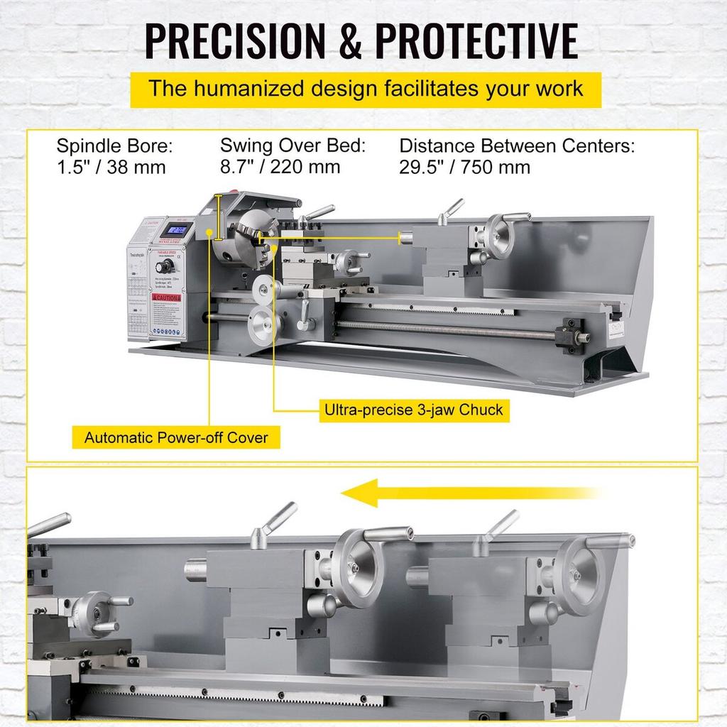 1100W Mini Metal Lathe 220MMx750MM Variable-Speed Metal Lathe RPM Metal Milling Machine Digital Milling Metal Lathe with 3-Jaw Chuck, MT5 Spindle