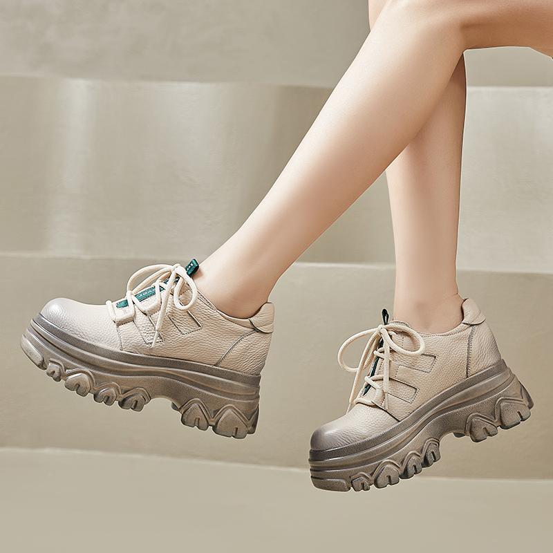 Fashion GKTINOO New Spring Women Loafers Genuine Cow Leather Lace-up Platform Casual Shoes Women Wedges Heel Retro Style Handmade Shoes