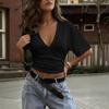 Women Casual Solid Color Short Sleeve T Shirt Deep V Neck Ruched Waist Cropped Top Fashion Summer Blouse