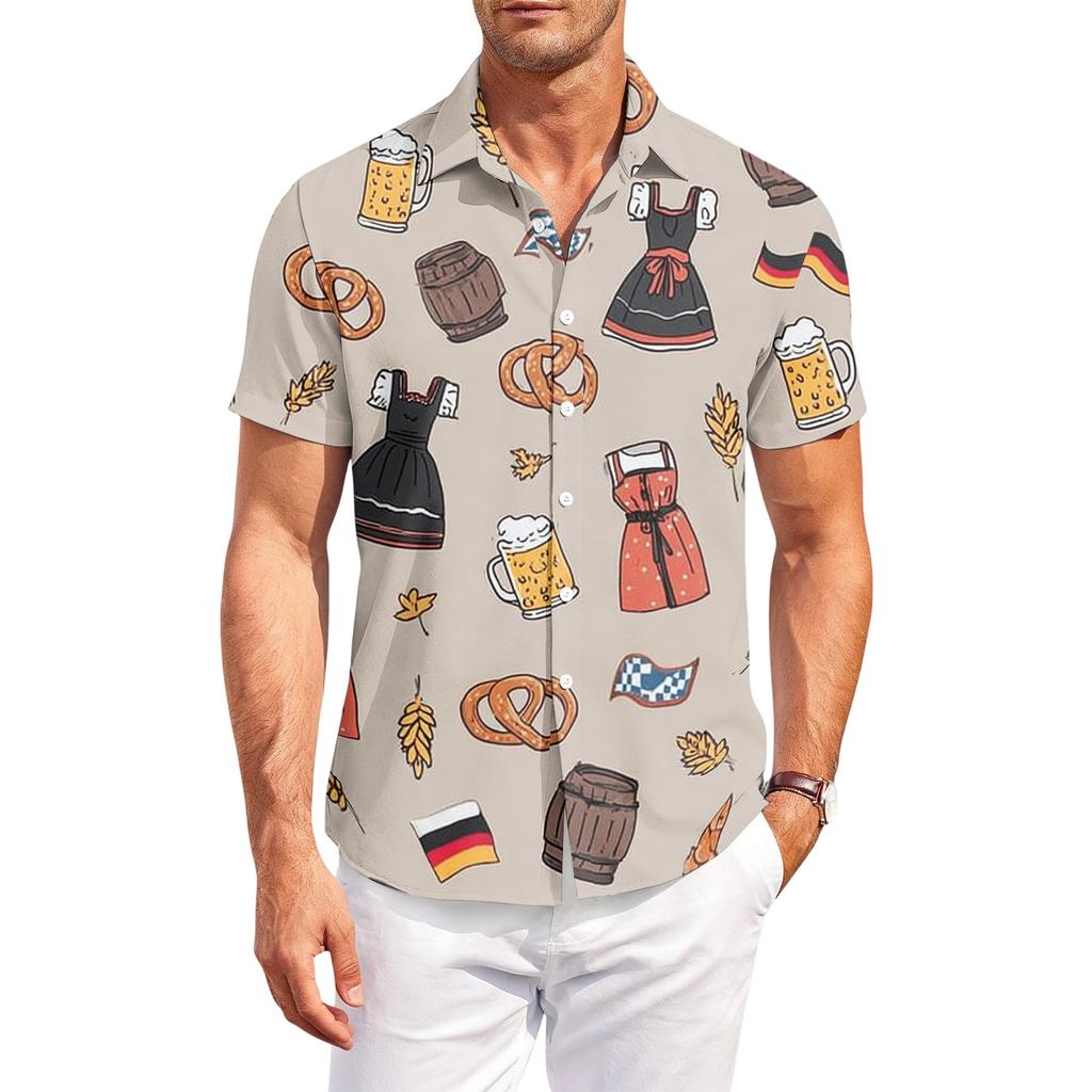 Herren Freizeit Hemd Locker Geschnitten Kurzarm Knopfleiste Bierfest Aufdruck Leicht Atmungsaktiv Sommer Oberteil