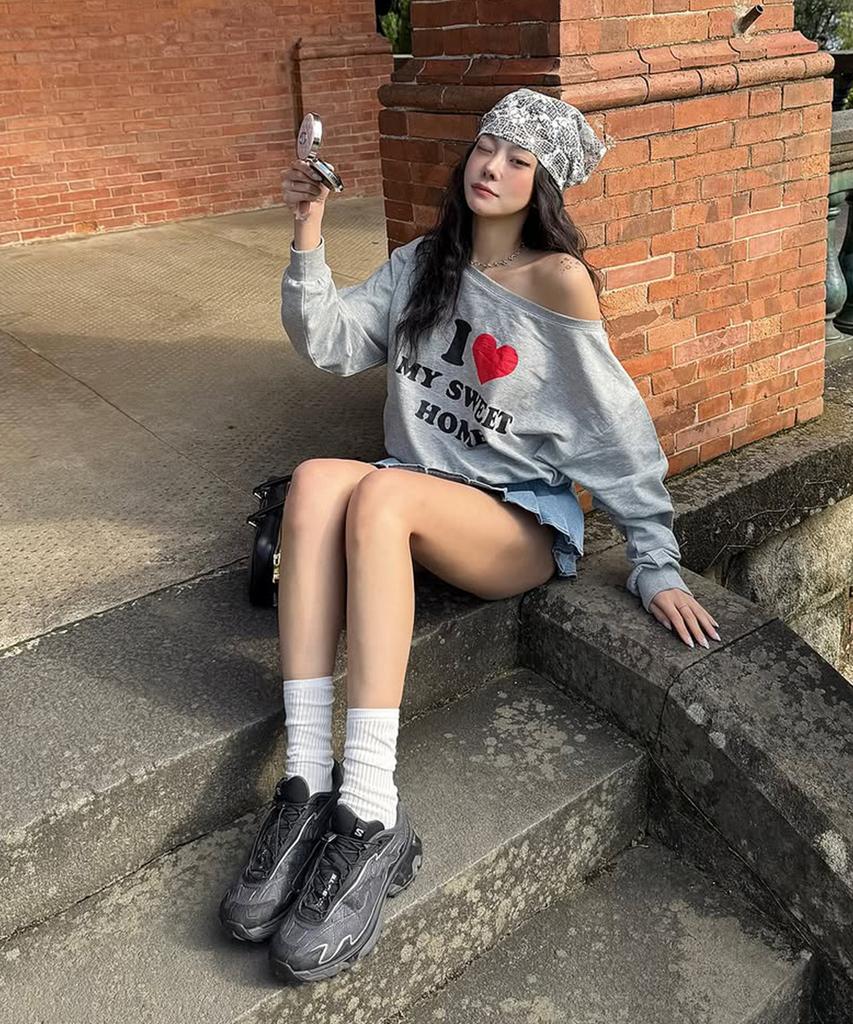 YOUHEE I Love Off Shoulder Sweatshirts Melange Gray