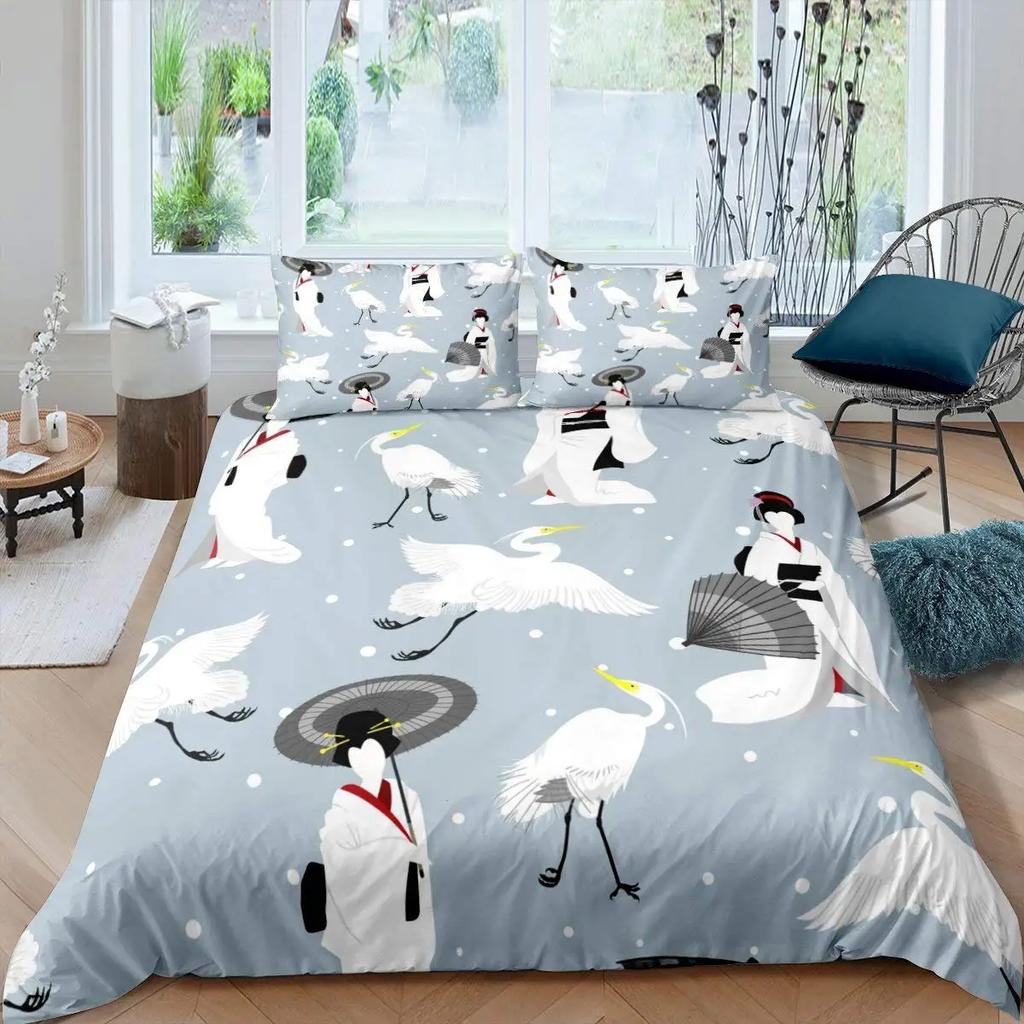 Japanese Style Duvet Cover Koi Fish Cherry Ukiyo-E Geisha Quilt Cover Sun Crane Polyester Japanese Culture Theme Bedroom Decor