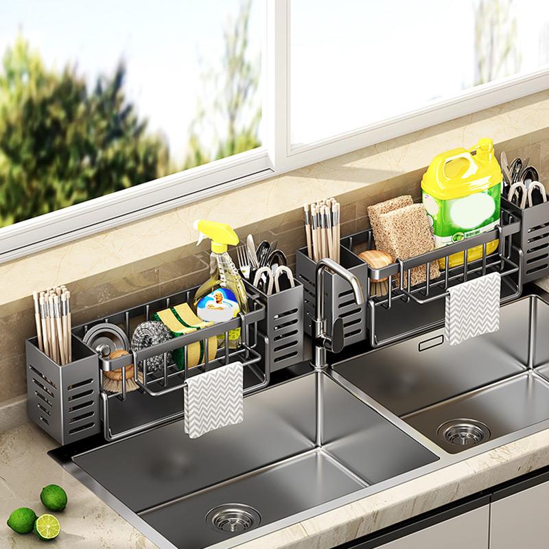 Stainless Steel Kitchen Sink Storage Rack Space Saving Built-in Sponge Rack And Drainage Basket For Kitchen Cleaning And Storage